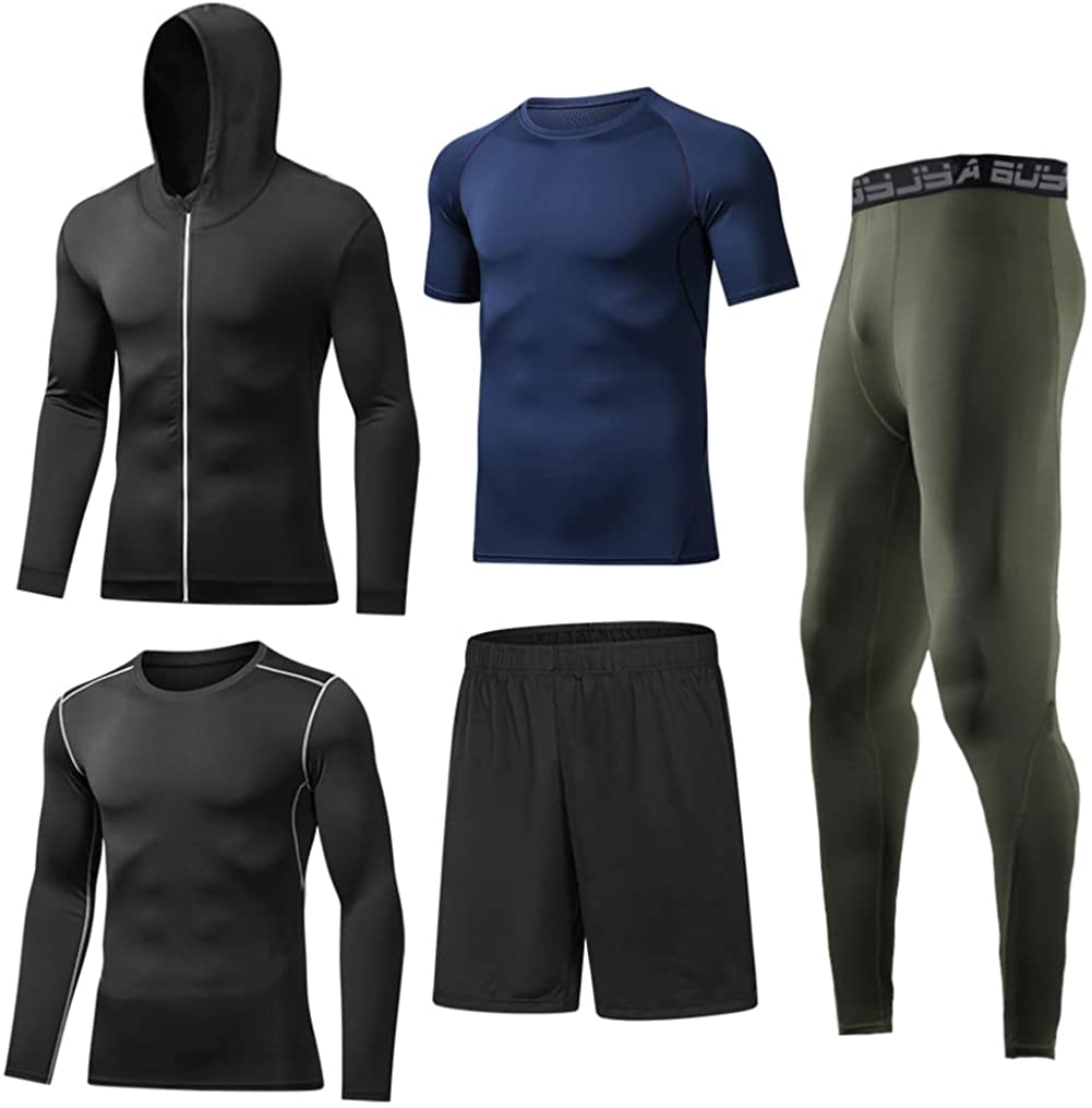 BUYJYA 5Pcs Mens Compression Pants Shirt Top Long Sleeve Jacket Athletic Sets Gym Clothing