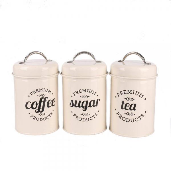 Set of 3 Metal Food Storage Tin Canisters for Coffee, Tea, and Sugar with Lid - White