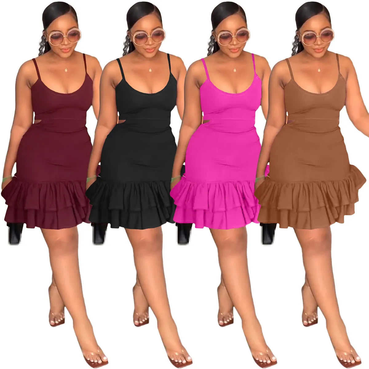 Nukty Women's Summer Spaghetti Strap Ruffled Mini Dress