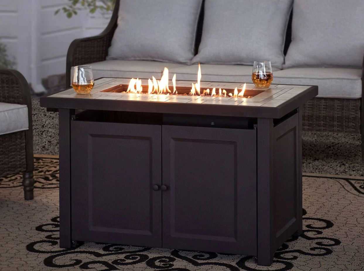 Sunjoy 40 in. Rectangle Smokeless Fire Pit Table with Ceramic Tile Tabletop and Lava Rocks