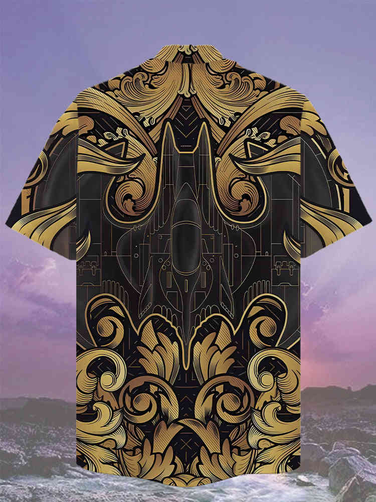 Fashionable Black Gold Sci-Fi Interstellar Travel Spaceship Cuban Collar Hawaiian Shirt