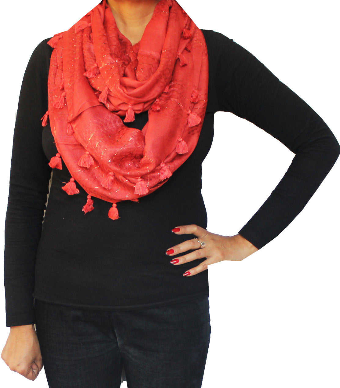 Women's Cowl Scarf One Circle Loop Wrap - Elegant Infinity Scarf (Red)