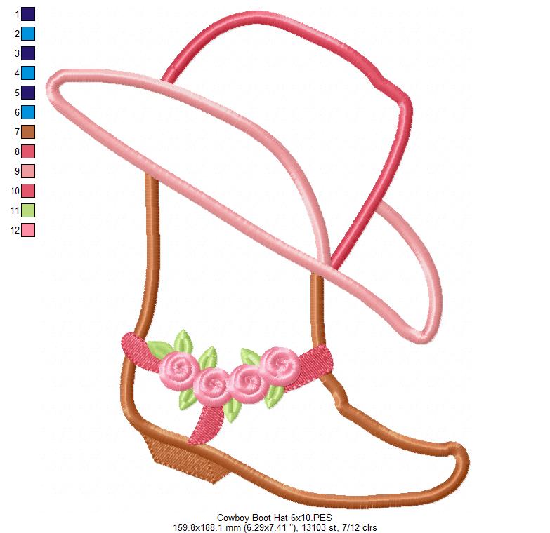 Cowgirl Boot and Hat Applique Machine Embroidery Design
