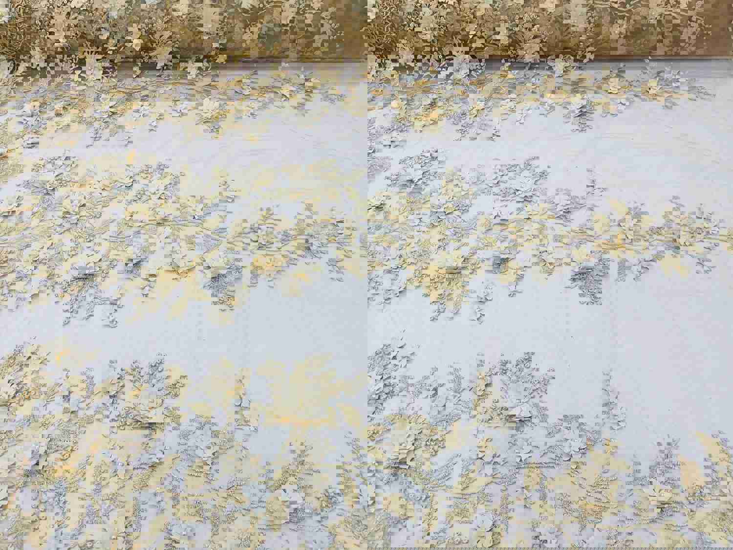 Champagne 3D Floral Embroidered Mesh Lace with Pearls for Prom Dresses and Nightgowns