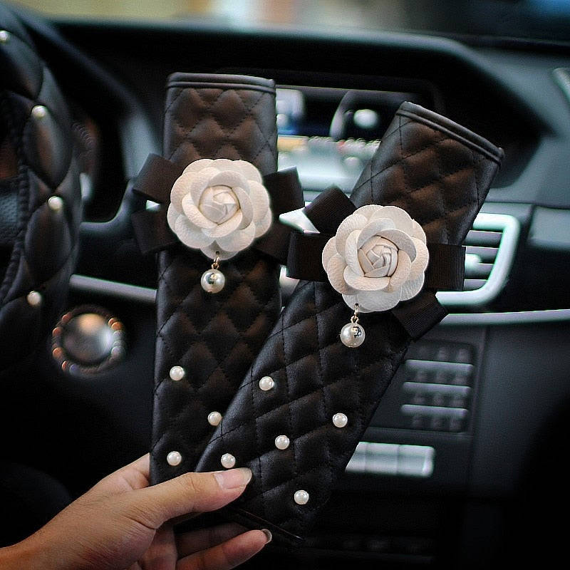 Creative Leather Pearl Camellia Flower Car Seat Belt Cover Set