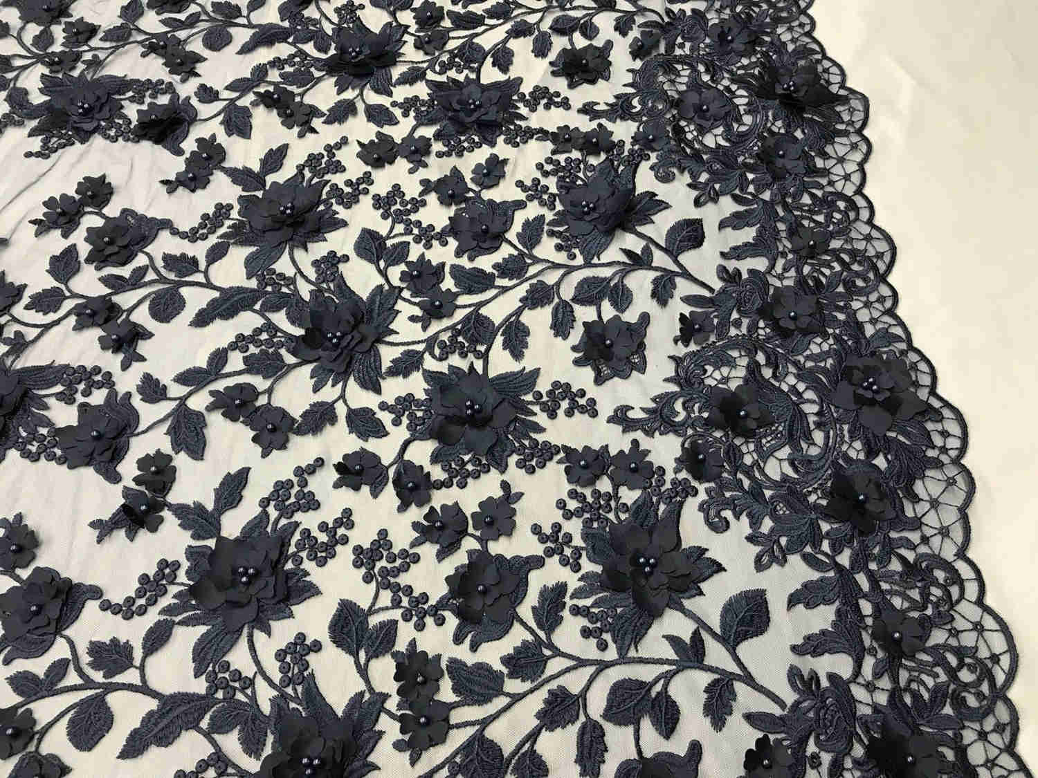 Navy 3D Floral Design Embroidered and Beaded Mesh Lace Fabric