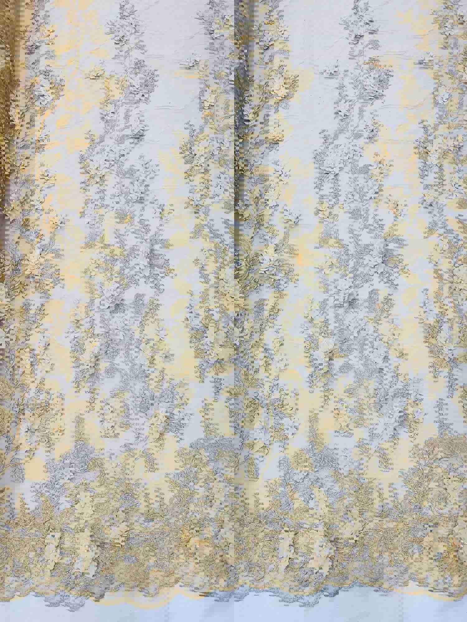 Champagne 3D Floral Embroidered Mesh Lace with Pearls for Prom Dresses and Nightgowns