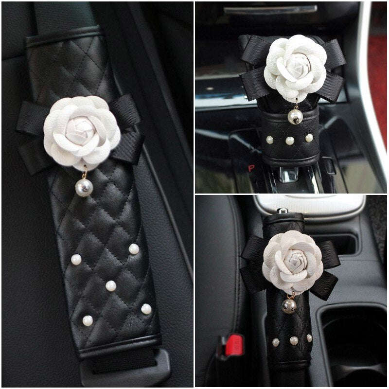 Creative Leather Pearl Camellia Flower Car Seat Belt Cover Set