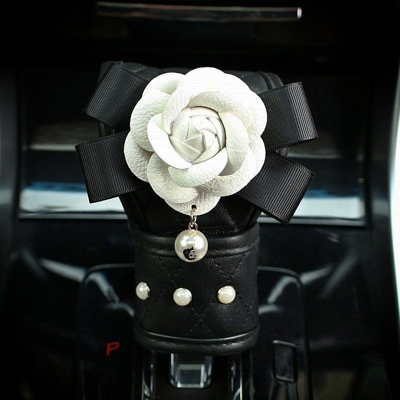 Creative Leather Pearl Camellia Flower Car Seat Belt Cover Set