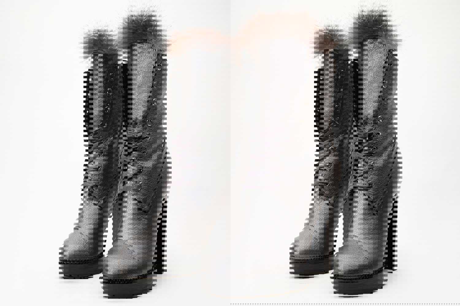 Melo Grey Leather Natural Fur Mid Calf Platform Heel Women Boot