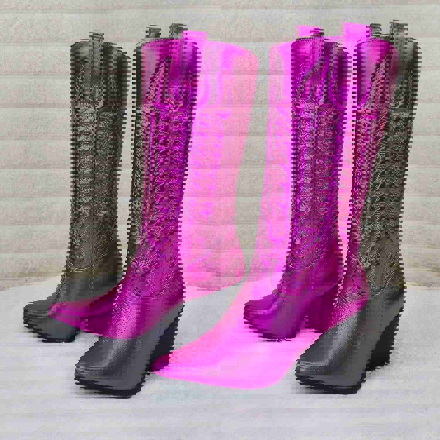 Disco Cowgirl Metallic Hot Pink Cowboy Knee Boots - Western Block Heels (US Sizes)