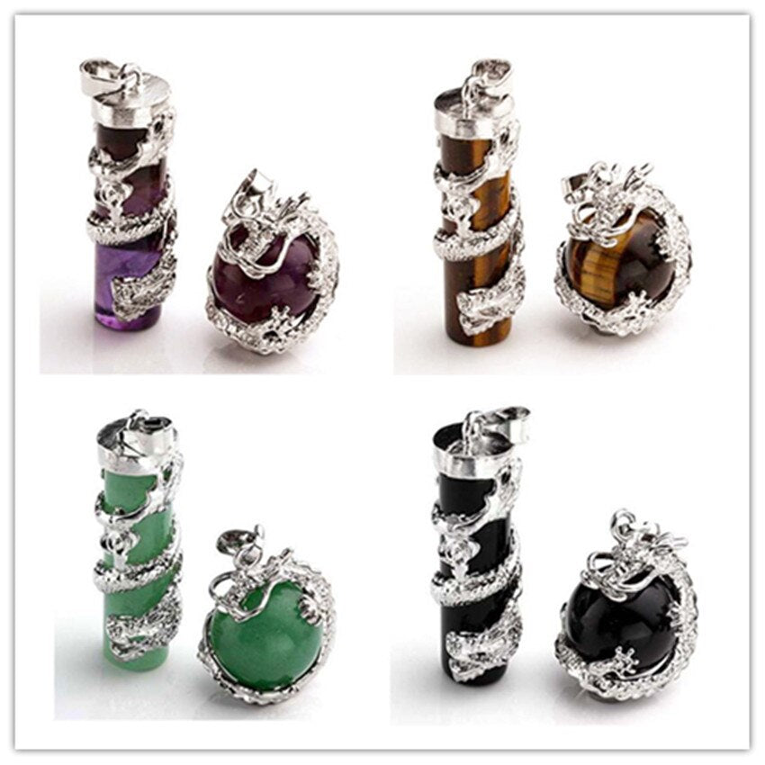 Natural Gnergy Gemstone Silver Plated Chinese Style Dragon Wrap Lapis Lazuli Pillar Pendant Tiger Eye Stone Round Bead Jewelry