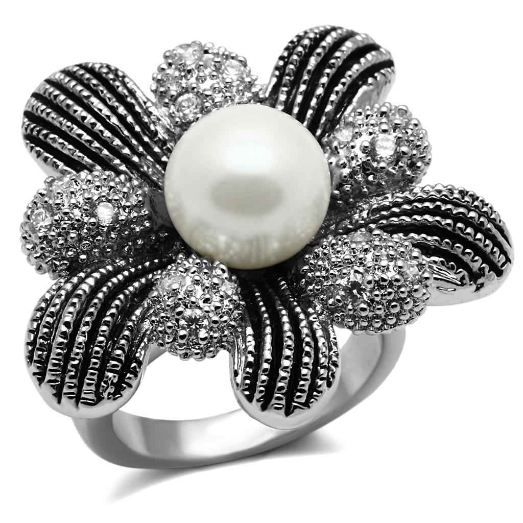 High Polished Stainless Steel Ring with White Synthetic Pearl for Women - Style TK2877