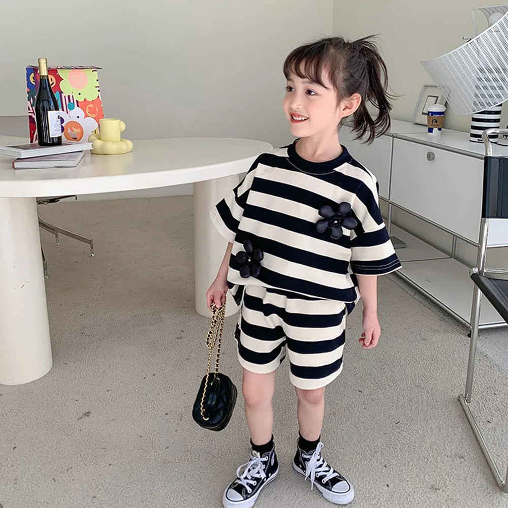Kids Girls Short Sleeve Striped 2Pcs Casual Clothing Set