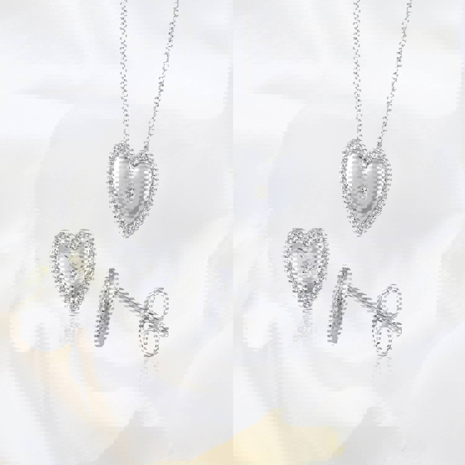 Set of 2: 3/8 CT TW Diamond Puff Halo Heart Pendant & Earrings in 925 Sterling Silver
