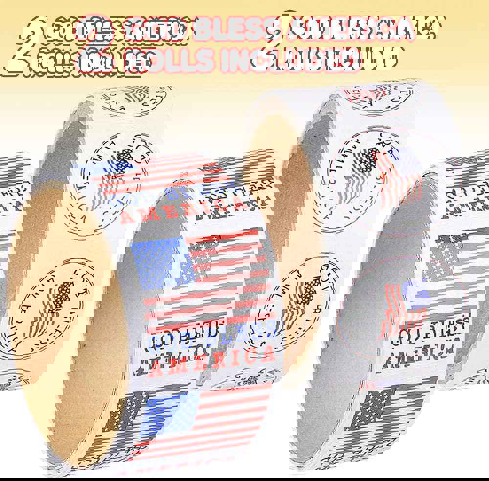 USA American Flag Patriotic Stickers - 2 Rolls with 200 God Bless America Stickers