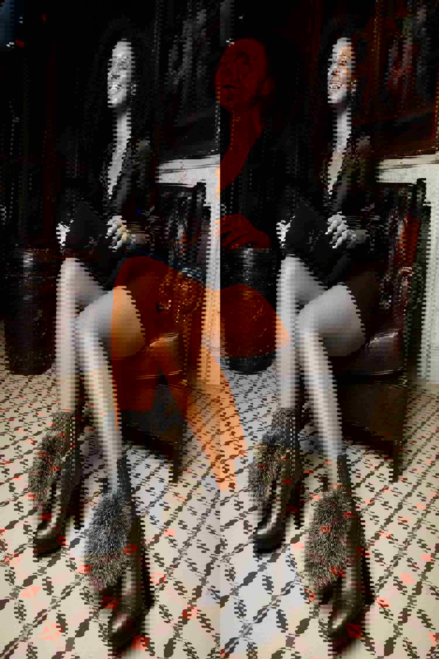 Melo Grey Leather Natural Fur Mid Calf Platform Heel Women Boot