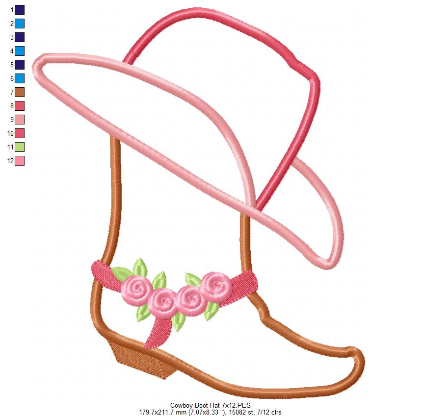 Cowgirl Boot and Hat Applique Machine Embroidery Design