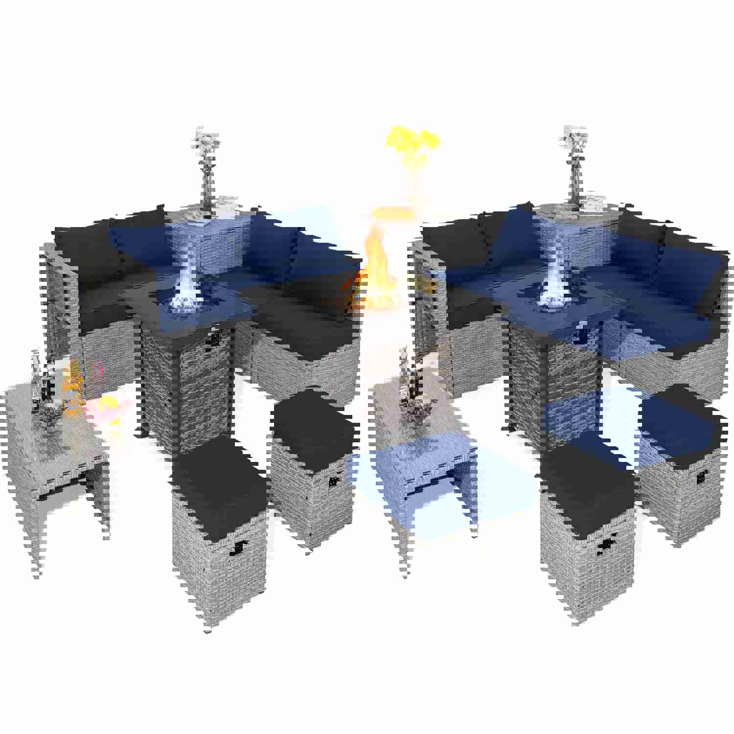 Tangkula 9-Piece Outdoor Patio Furniture Set with 32-Inch Propane Fire Pit Table
