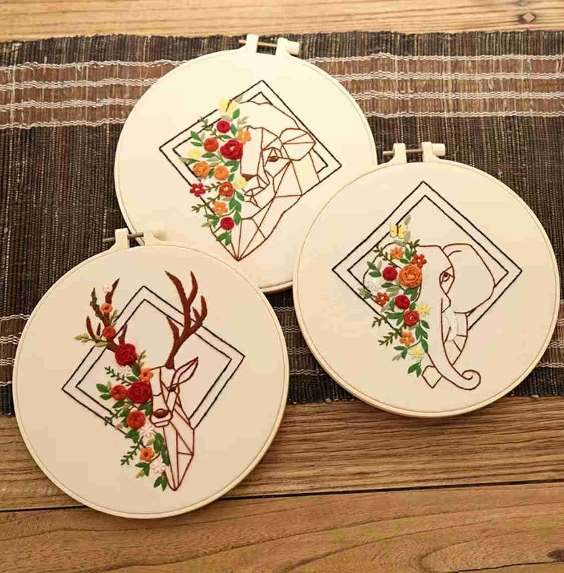Wild Animals Embroidery Kit - DIY Craft Kit with Elephant, Deer, Lion, Geometric Flowers