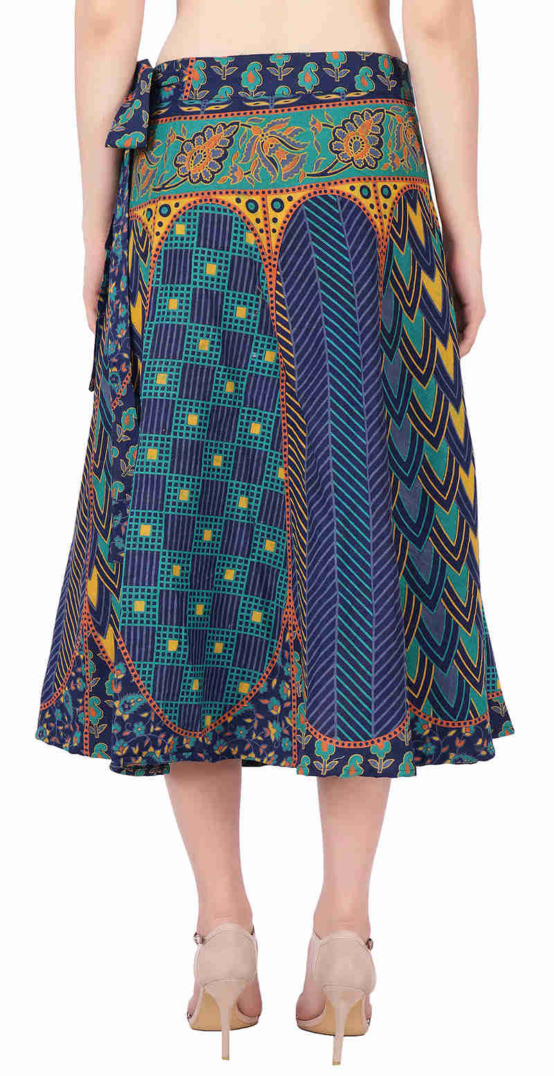 Long India Wrap Around Skirt for Women - Hand Block Printed Cotton Skirt (Blue, One Size)