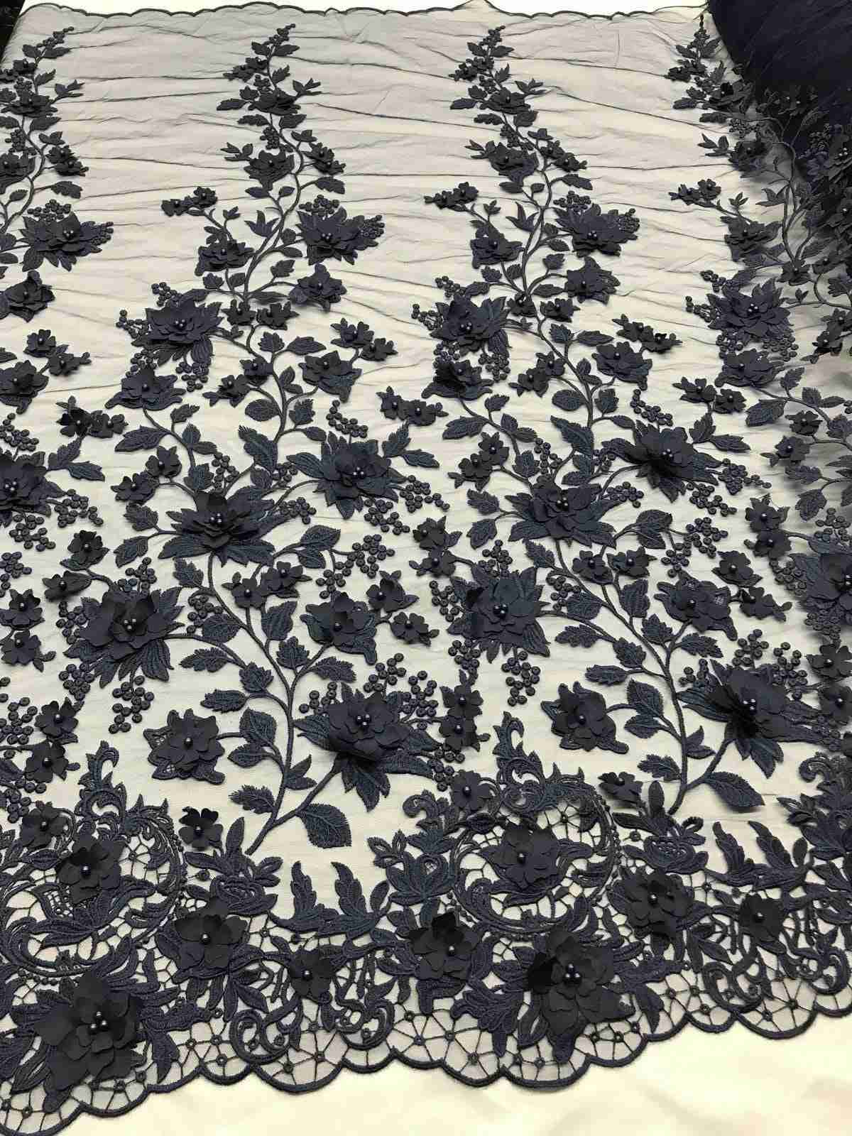 Navy 3D Floral Design Embroidered and Beaded Mesh Lace Fabric