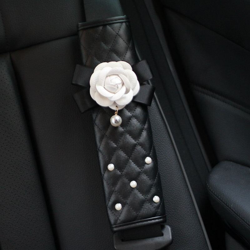 Creative Leather Pearl Camellia Flower Car Seat Belt Cover Set