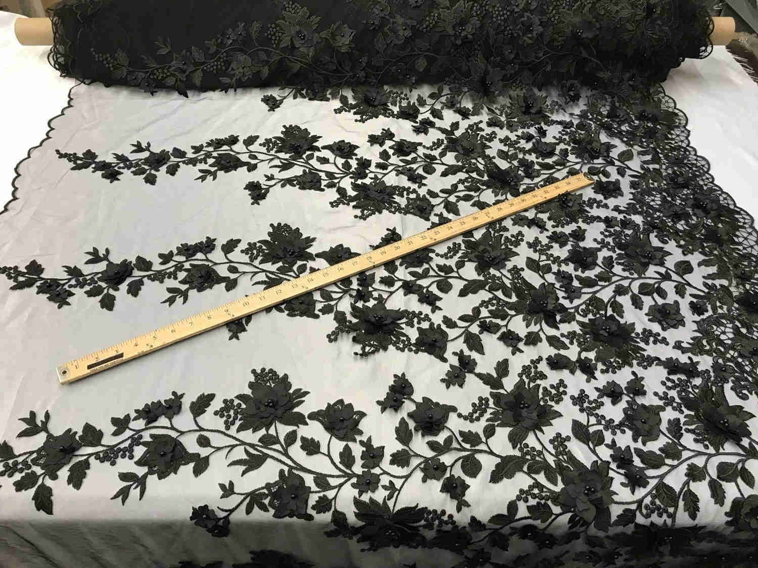 Black 3D Floral Embroidered Mesh Lace with Pearls for Prom Dresses and Fashion
