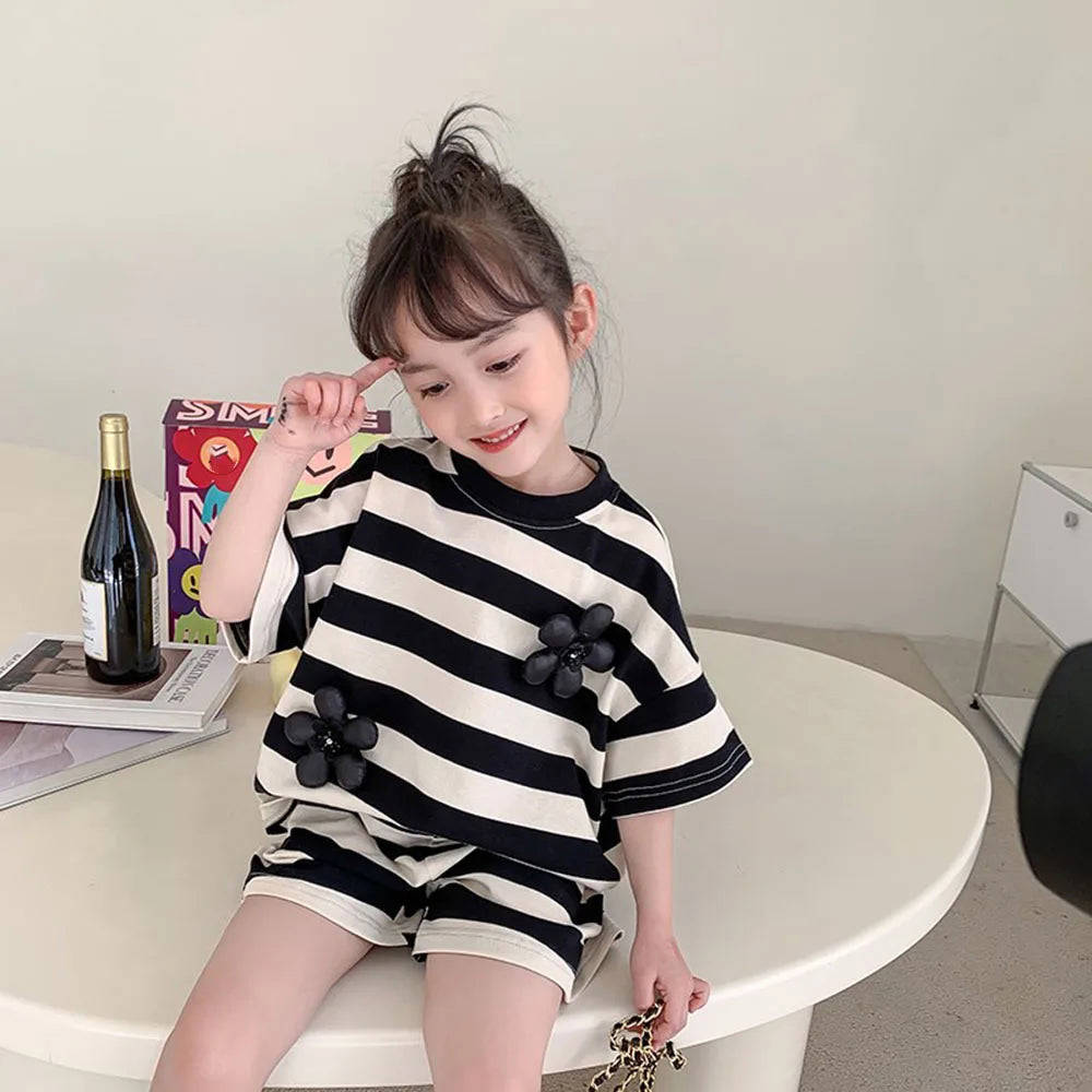 Kids Girls Short Sleeve Striped 2Pcs Casual Clothing Set