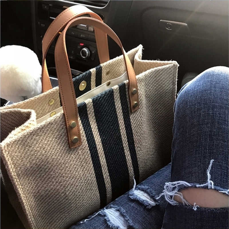 Lkblock Vintage Striped Tote Bag for Women - Large Capacity Casual Handbag
