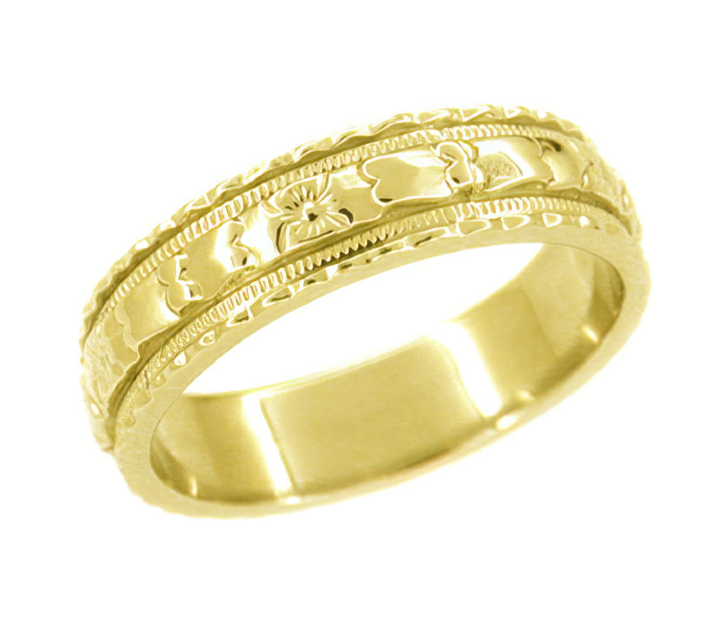 Art Deco Yellow Gold 5mm Wide Floral Carved Wedding Ring