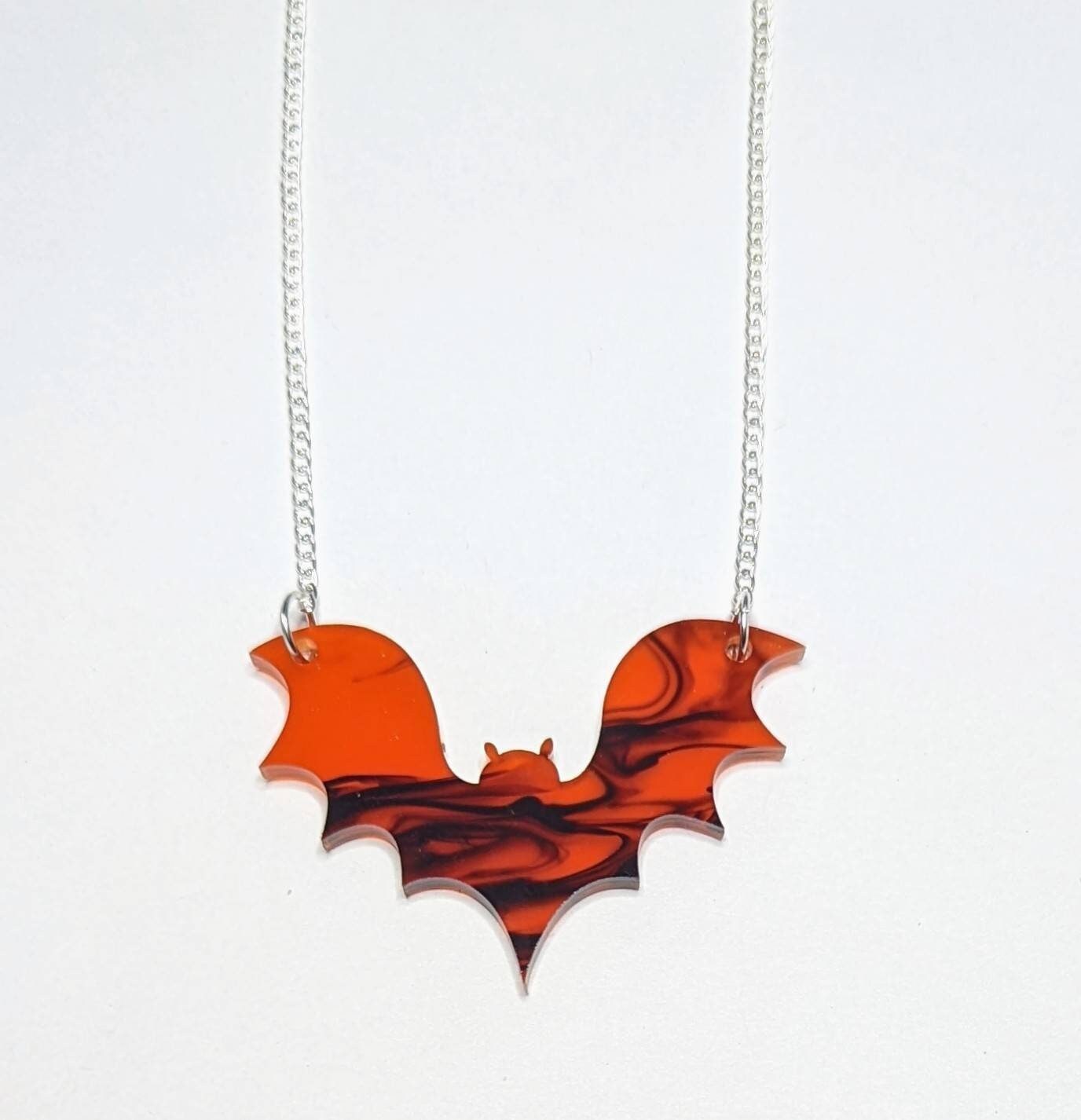 Large Acrylic Bat Pendant Necklace with Black Smoke and 18-inch Silver Plated Chain