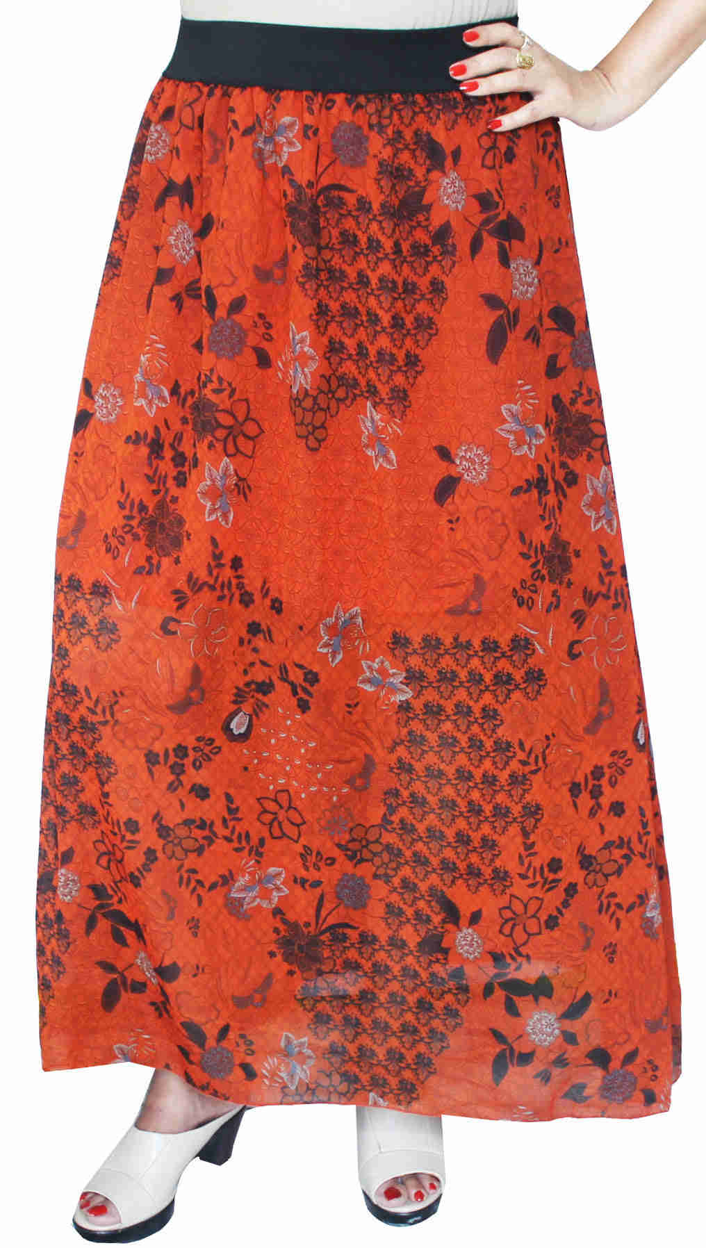 Women's Indian Long Skirt - Chiffon Printed Elegant Summer Skirt (Orange)