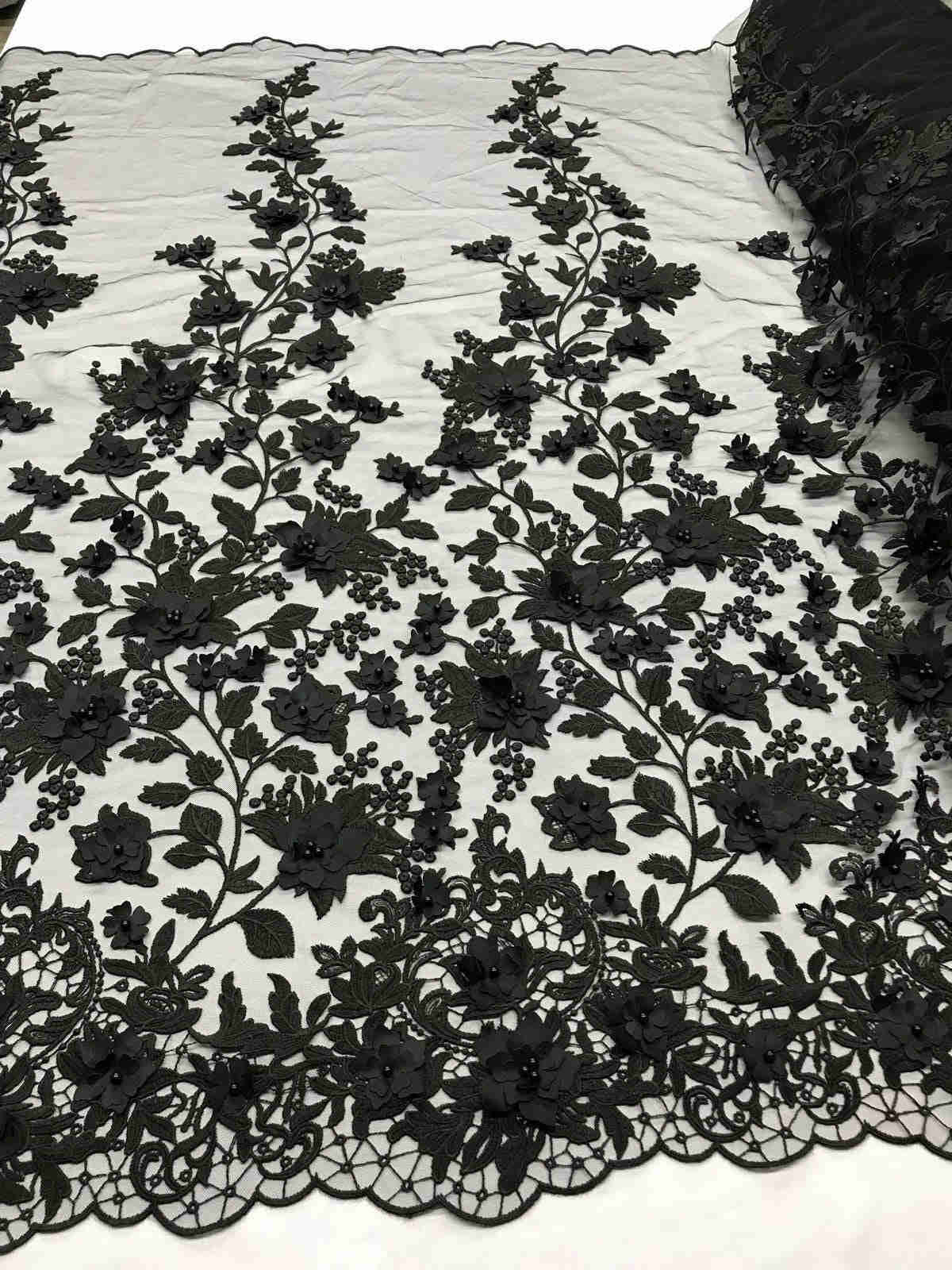 Black 3D Floral Embroidered Mesh Lace with Pearls for Prom Dresses and Fashion