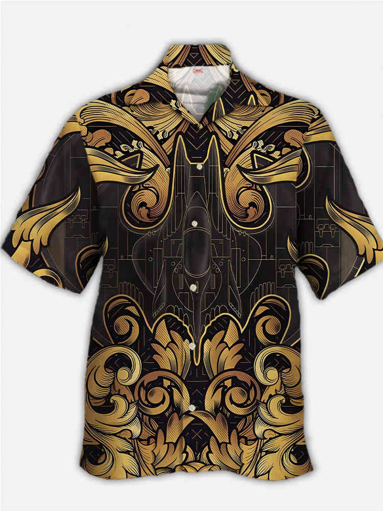 Fashionable Black Gold Sci-Fi Interstellar Travel Spaceship Cuban Collar Hawaiian Shirt