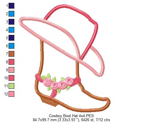 Cowgirl Boot and Hat Applique Machine Embroidery Design