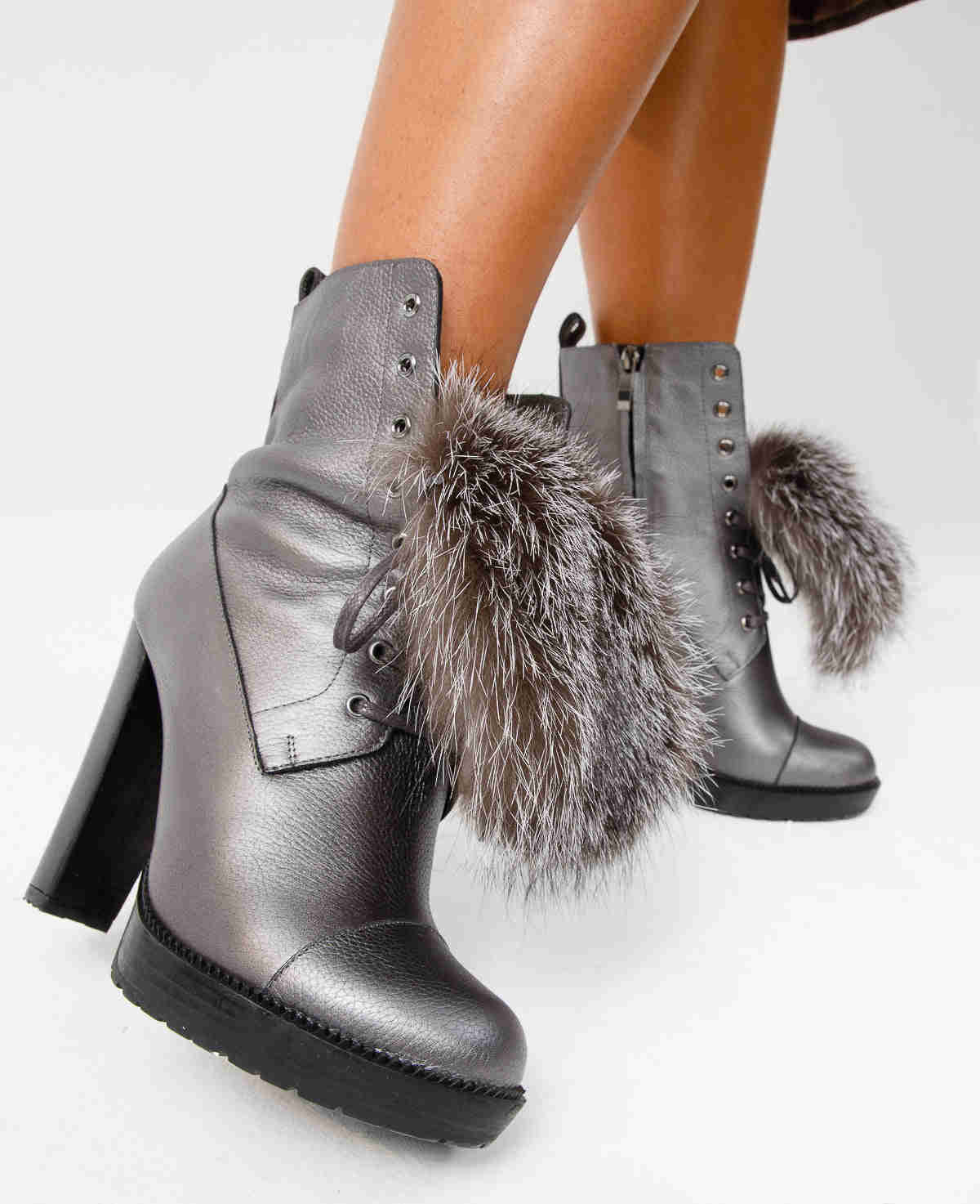 Melo Grey Leather Natural Fur Mid Calf Platform Heel Women Boot