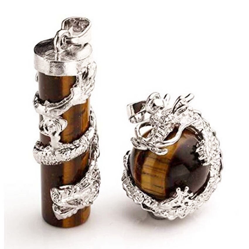 Natural Gnergy Gemstone Silver Plated Chinese Style Dragon Wrap Lapis Lazuli Pillar Pendant Tiger Eye Stone Round Bead Jewelry