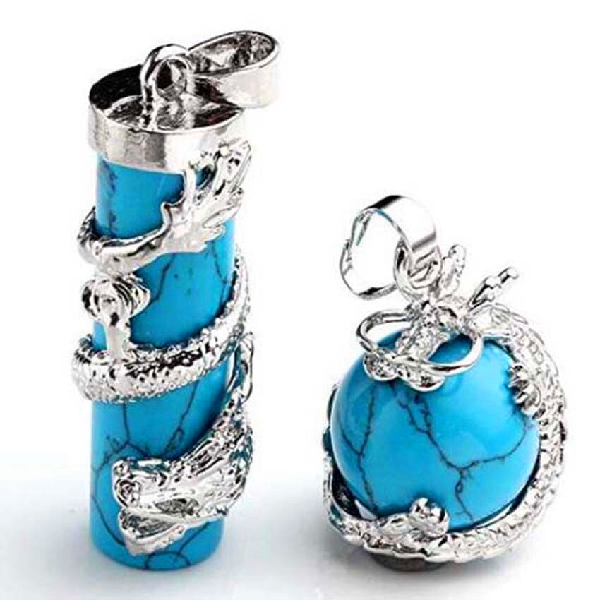 Natural Gnergy Gemstone Silver Plated Chinese Style Dragon Wrap Lapis Lazuli Pillar Pendant Tiger Eye Stone Round Bead Jewelry