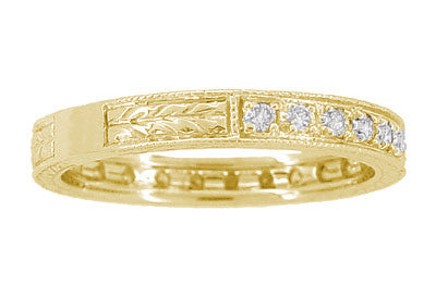 Art Deco Yellow Gold Diamond Wheat Engraved Wedding Band - 14K or 18K