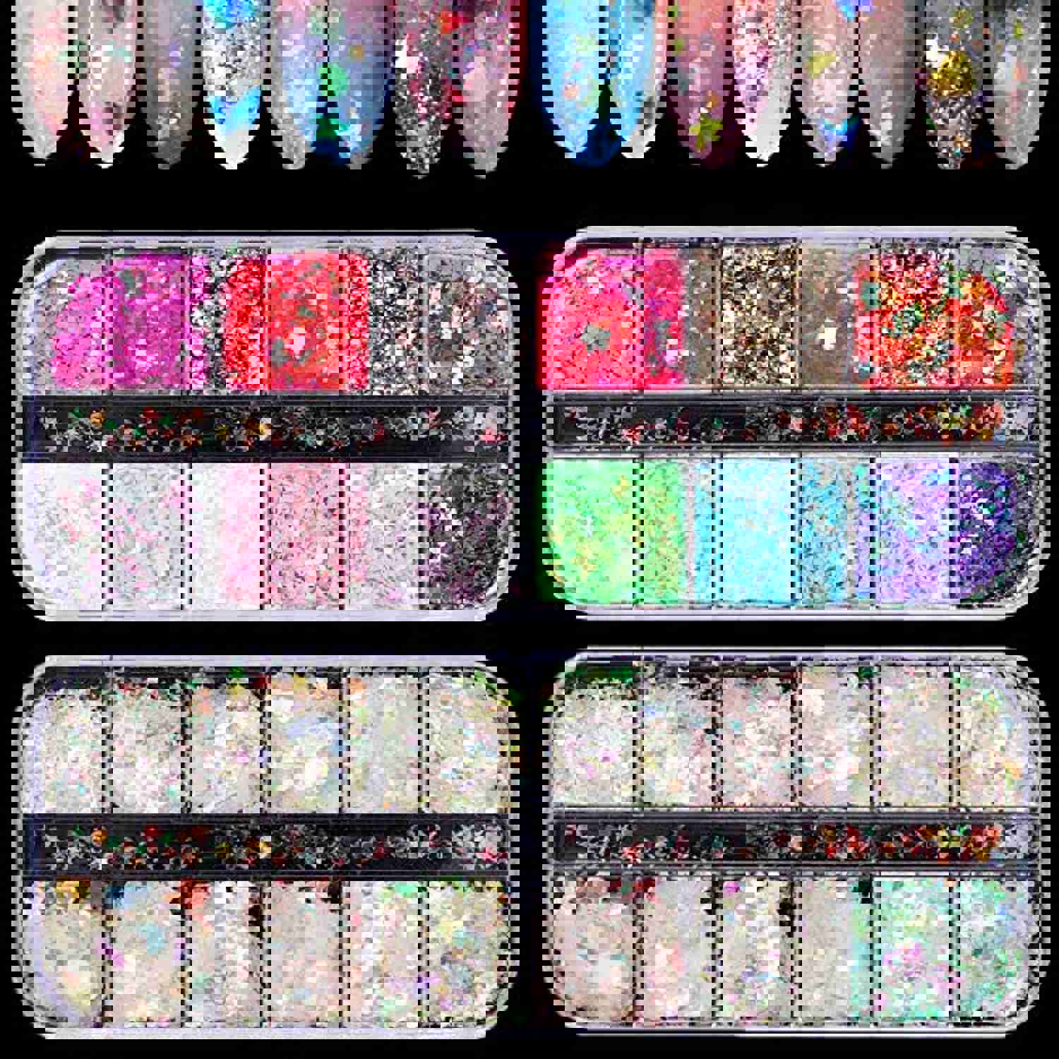 LYOUCI 12 Shaped Holographic Nail Stickers - Iridescent Mermaid Flakes & Butterfly Sequins (2 Boxes)