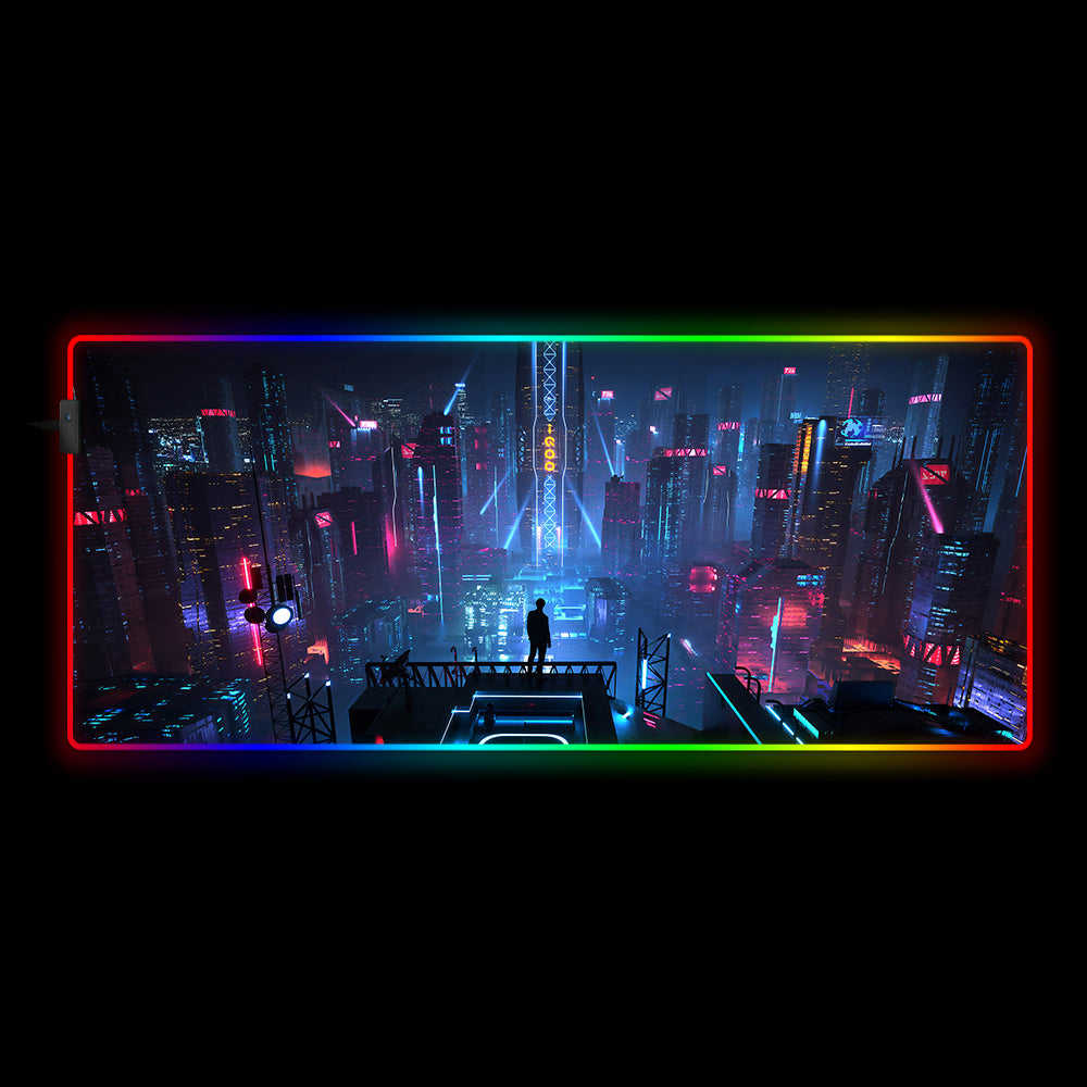 Futuristic City Design RGB Gaming Mouse Pad - M-XXL Size, USB Powered, Non-Slip Rubber Base