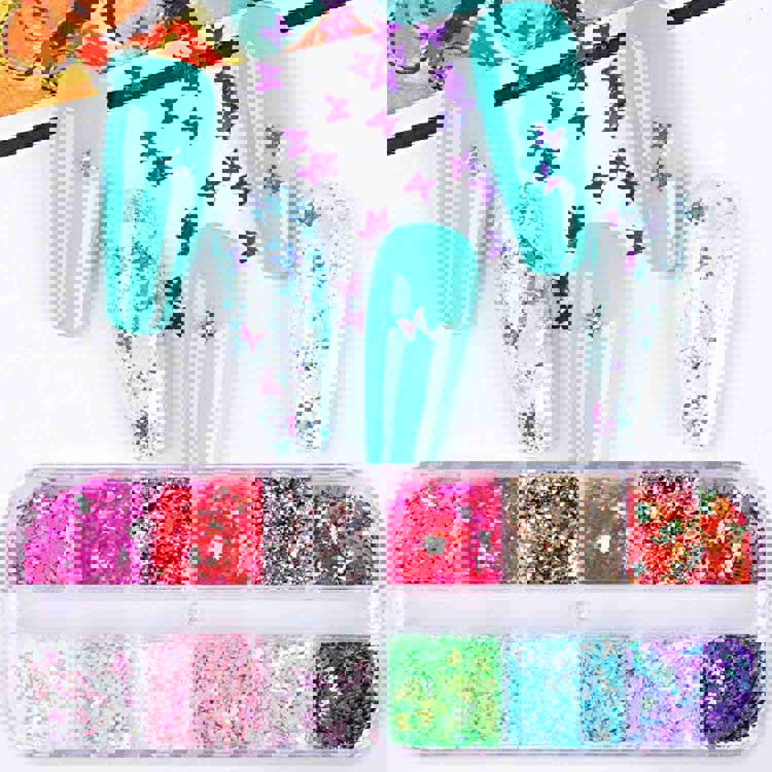 LYOUCI 12 Shaped Holographic Nail Stickers - Iridescent Mermaid Flakes & Butterfly Sequins (2 Boxes)