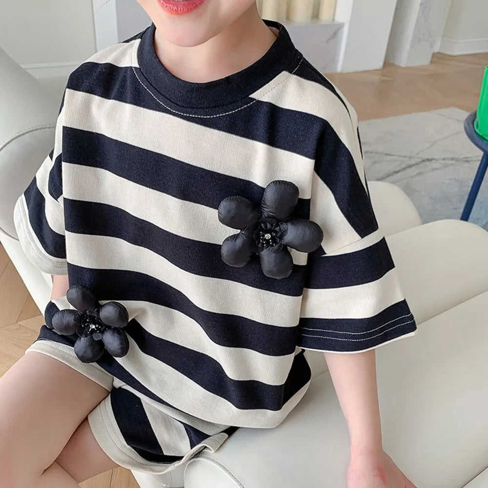 Kids Girls Short Sleeve Striped 2Pcs Casual Clothing Set