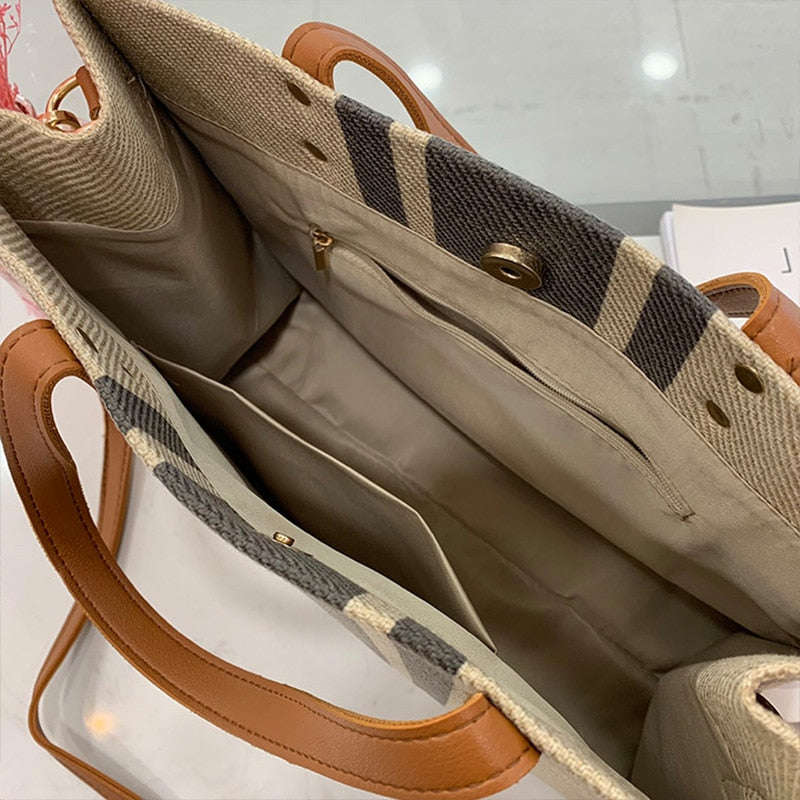Lkblock Vintage Striped Tote Bag for Women - Large Capacity Casual Handbag