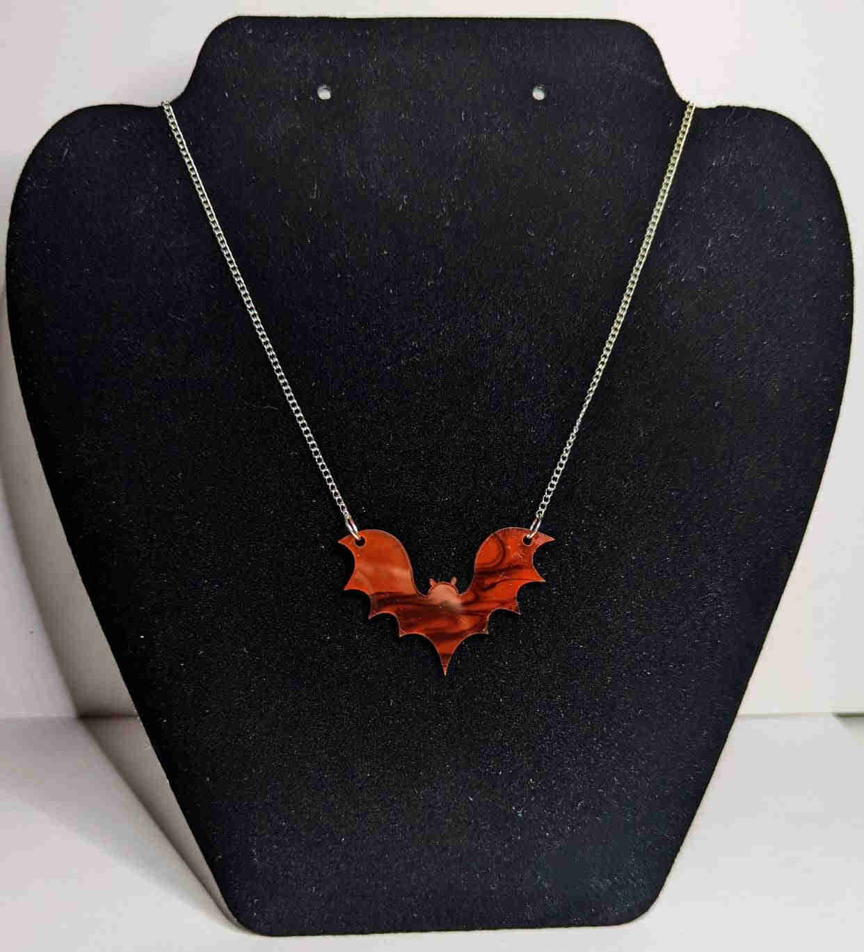 Large Acrylic Bat Pendant Necklace with Black Smoke and 18-inch Silver Plated Chain