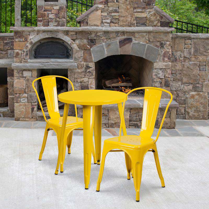 Flash Furniture Napoleon Commercial Grade 24 Round Yellow Metal Indoor-Outdoor Table Set with 2 Cafe Chairs