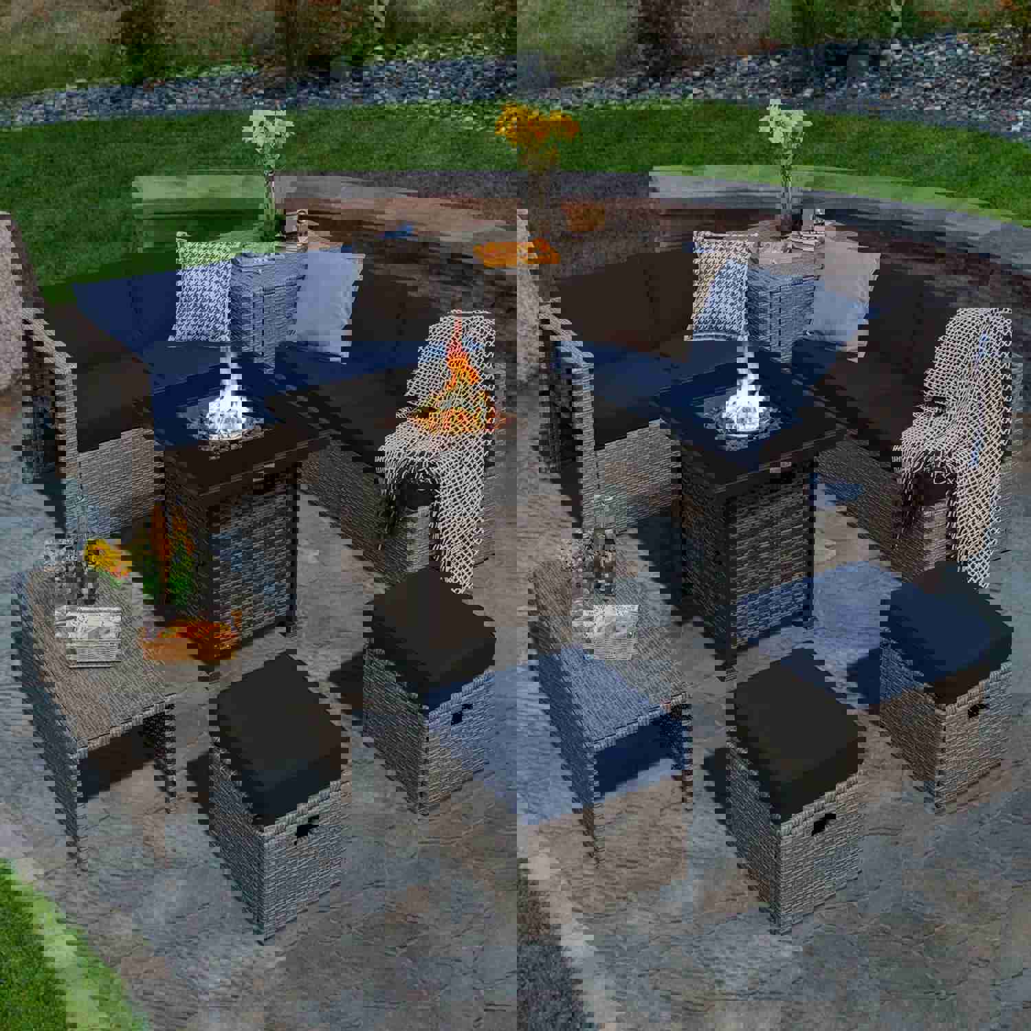 Tangkula 9-Piece Outdoor Patio Furniture Set with 32-Inch Propane Fire Pit Table