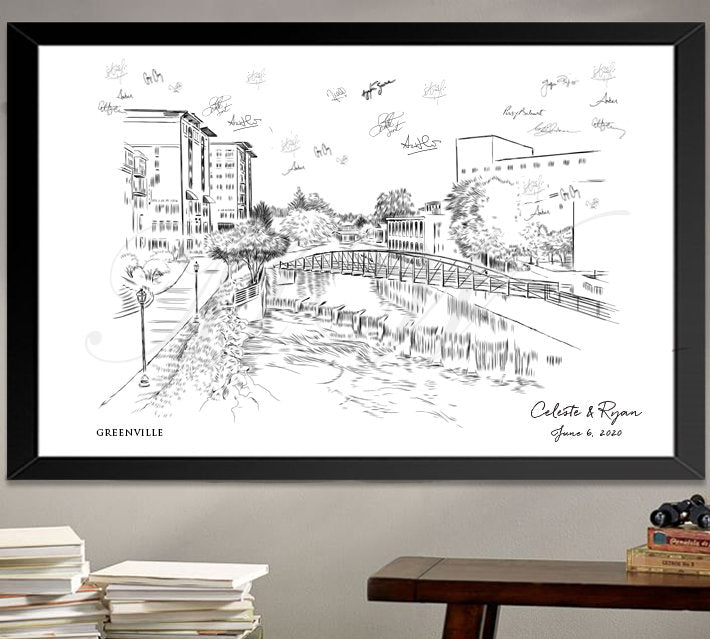 Greenville Skyline Wedding Guest Book - Hand-Drawn Alternative Guest Book for Weddings