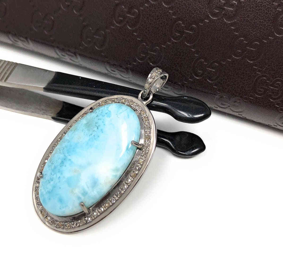 Handmade Sterling Silver Larimar Pendant with Pave Diamonds
